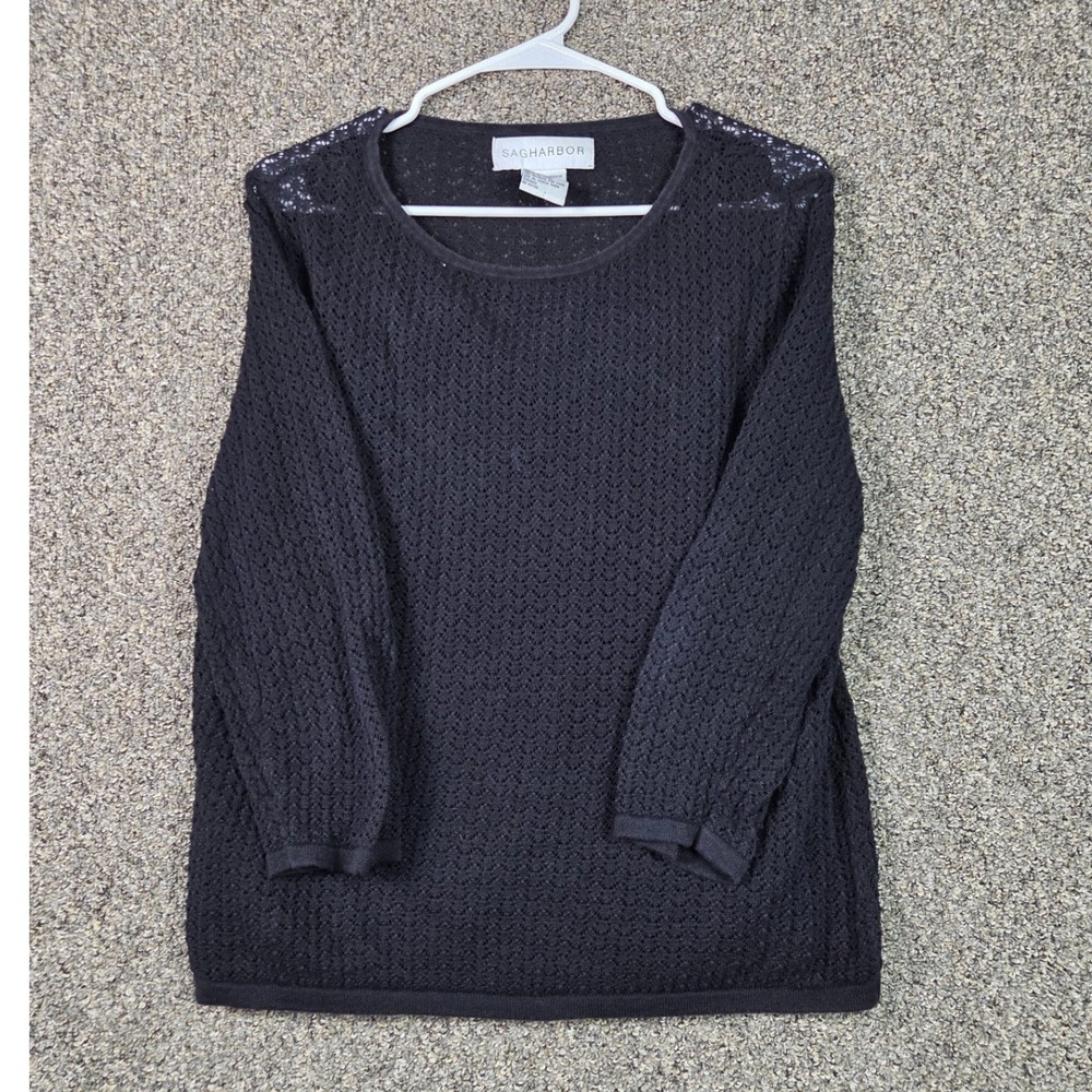 Sag Harbor Sweater Set Women Large Black Crochet Knit 2pc Top S53439